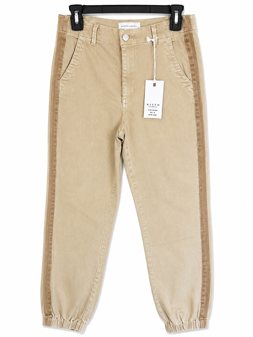Risen Lillian High-Rise Women’s Jeans Joggers in Tan with Contrast Side Trim NWT
